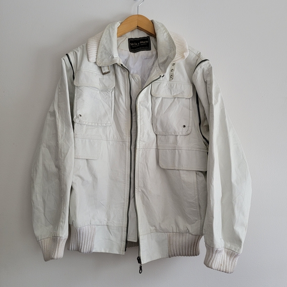 Vintage Unisex Convertible White Leather Bomber Jacket Vest M Argentina